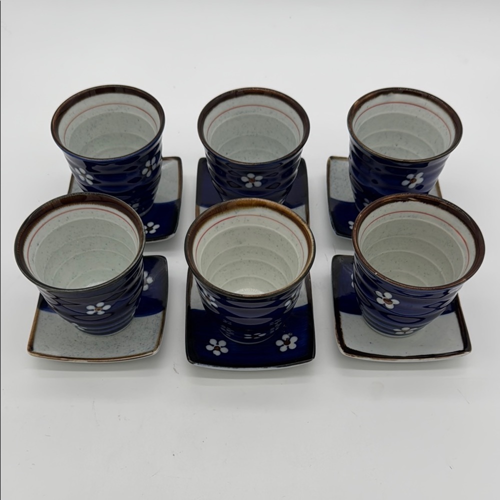 Japanese Saki Tea Set 12 Piece Set of 6 Blue Floral Teacups with Saucers
